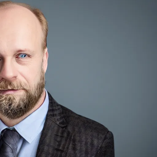 Image similar to Blue eyed blond balding middle aged man with stubble, corporate portait, headshot, profile