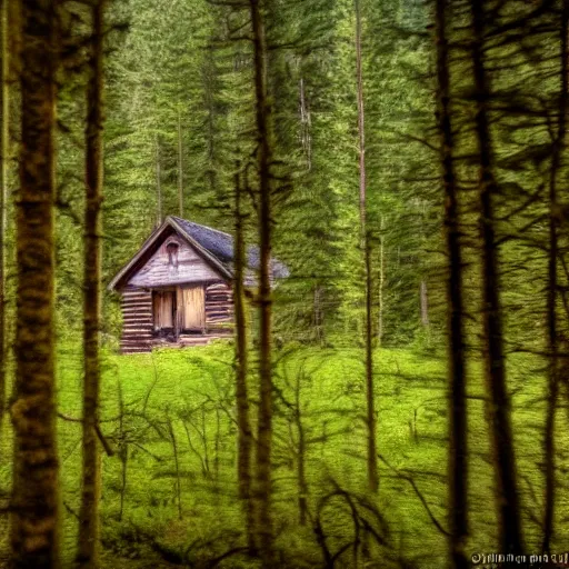 Prompt: a blurry photo of a Eerie cabin in the middle of the woods in the style of a over exposed camera