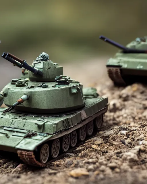 Image similar to high quality presentation photo of a detailed miniature diorama of a tank battle with miniature soldiers, photography 4k, f1.8 anamorphic, bokeh, 4k, Canon, Nikon