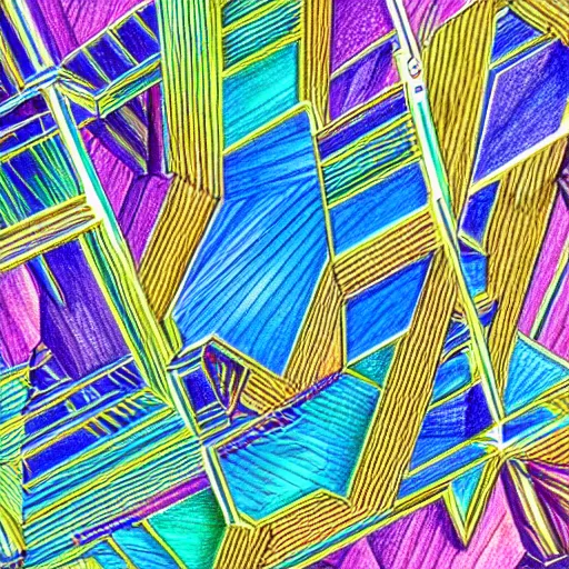 Prompt: engineering technical drawing of bismuth crystals, saturated colours, neat linework, highly detailed, pencil on paper