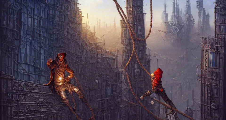 Prompt: landscape painting of a hooded thief in leathers using a rope to climb a tall metal steampunk buildings with a fantasy city, fine details, magali villeneuve, artgerm, rutkowski