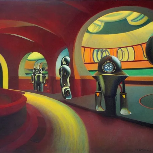 Image similar to three biomorphic robotic seers watchers oracles soothsayers with glowing eyes, inside a dome, pj crook, grant wood, edward hopper, syd mead, chiaroscuro, oil on canvas