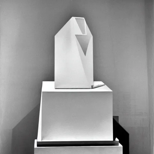 Image similar to Fontaine by Marcel Duchamp on a pedestal in a white empty museum, upside down readymade, courtesy of Centre Pompidou, 35 mm film