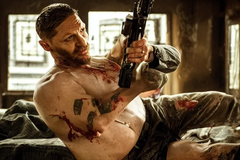 Image similar to film still of Tom Hardy as Max Payne in bedroom with a bed with bloody sheets in the Max Payne movie, 4k