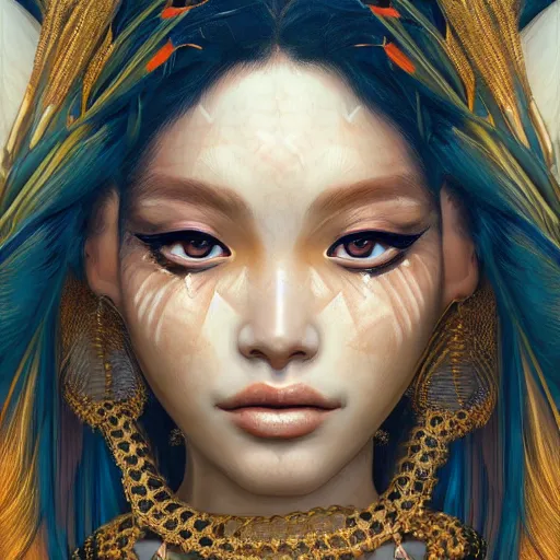 Image similar to Beautiful detailed portrait of an exotic goddess by Nick Silva, Shin JeongHo, Wandah Kurniawan, Symmetrical composition with people centered, realistic proportions, trending on artstation