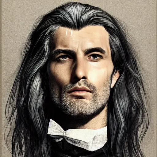 Image similar to old flowing hair handsome man with high collar fantasy, symmetrical beautiful, portrait, painting, trending on artstation