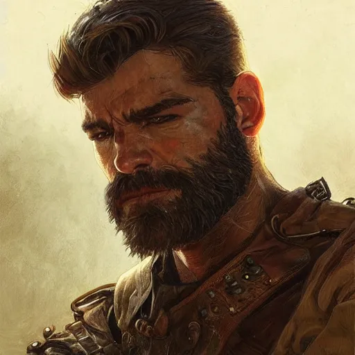 Image similar to portrait of a rugged ranger, coherent hands, handsome, muscular, full body, leather, hairy torso, d & d, fantasy, intricate, elegant, highly detailed, digital painting, artstation, concept art, smooth, sharp focus, illustration, art by artgerm and greg rutkowski and alphonse mucha