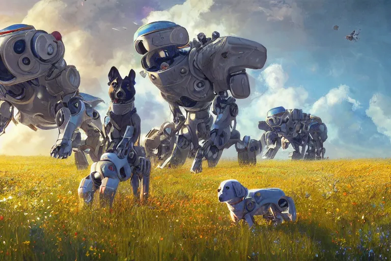 Image similar to robot dogs playing in a field of flowers, blue sky, huge moons by phil foglio and greg rutkowski and james gurney, trending on artstation, hdr, highly detailed