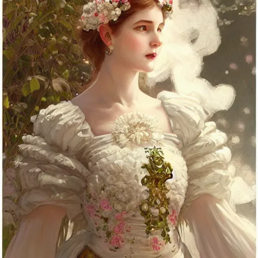 Prompt: a sweet queen with a decorated dress made of white cotton roses and white and cream plumes of swan, highly detailed, digital painting, Trending on artstation , HD quality, by artgerm and greg rutkowski and alphonse mucha, dramatic light, octane