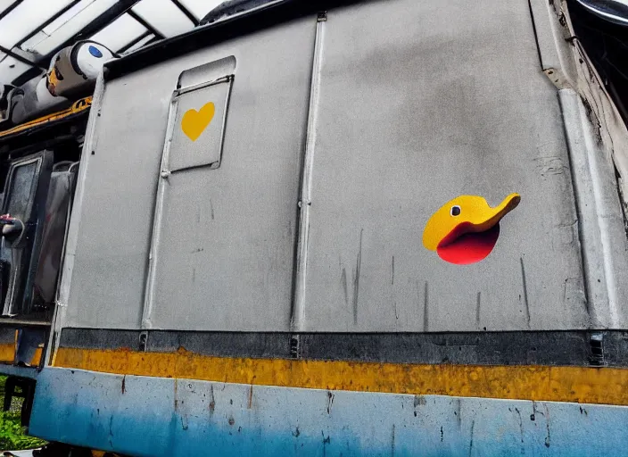 Image similar to The duck emoji spray-painted on the side of a train car, award winning photo, 8k