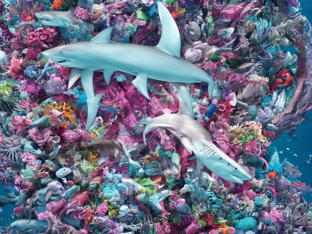 Prompt: a sculpture of ocean shark intertwined, a lovely cornucopia of flowers and human body parts, body parts, highly detailed, octane render, cinematic