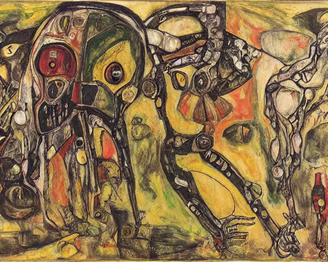 Image similar to a painting of a aliens and robots by graham sutherland, egon schiele, expressionism