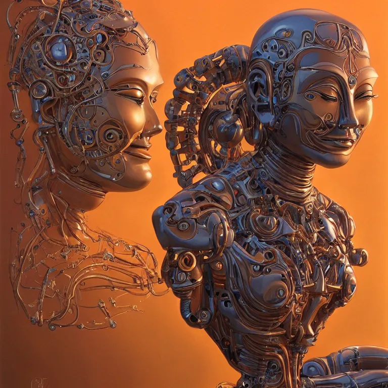 Prompt: perfectly centered portrait, front view of a beautiful biomechanical android alien robot buddha, female, flowing hair, intense stare, sarcastic smile, symmetrical, concept art, intricate detail, volumetric shadows and lighting, cosmic background, realistic oil painting by tim hildebrandt,