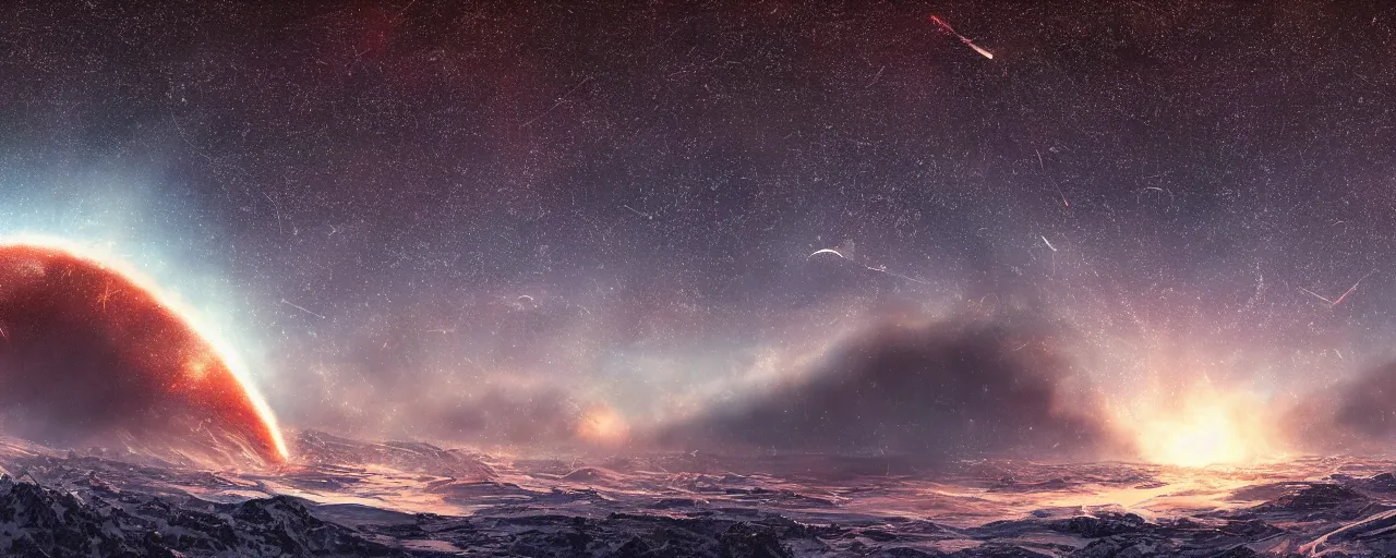 Image similar to meteor shower viewed from the north pole, large scale, breathtaking, mixed media, digital art, trending on artstation, 8k, epic composition, highly detailed, AAA graphics