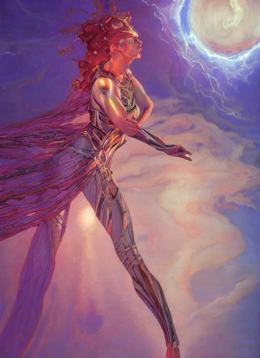 Image similar to biblical beautiful female druid android, bright glowing veins, in clouds, in front of a black hole, sunset, studio light, by mikhail vrubel, by gerald brom, by peter elson, muted colors, extreme detail, reflections, trending on artstation, 8 k