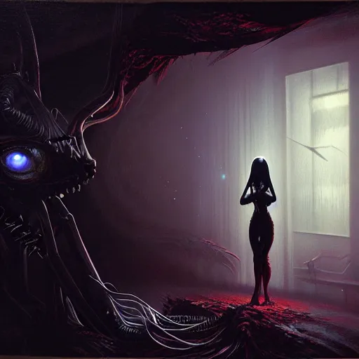 Image similar to ultra realist horror painting of a dimly lit attractive alien female and hellish creature together, very intricate details, focus, curvy, full frame image, artstyle hiraku tanaka and craig mullins, award winning