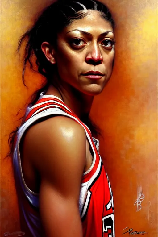 Image similar to candace parker in a bulls jersey by gaston bussiere bayard wu, greg rutkowski, giger, maxim verehin, drew struzan