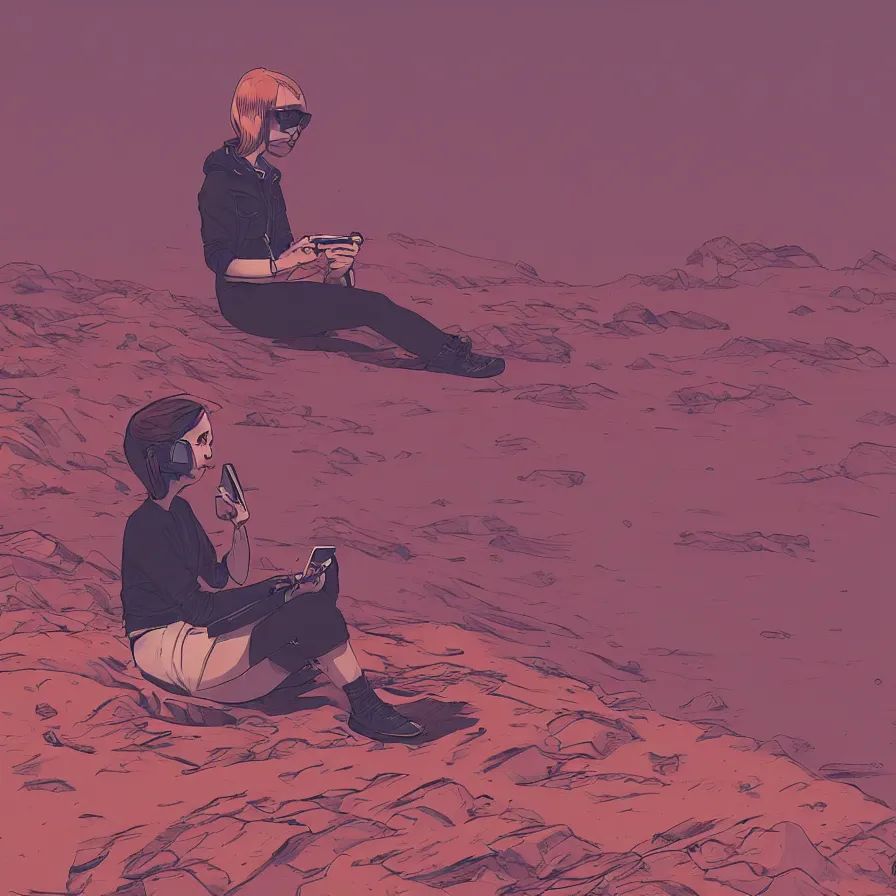 Image similar to very detailed, prophet graphic novel, ilya kuvshinov, mcbess, rutkowski, simon roy, illustration of a girl sitting alone on the surface of mars while staring at her phone, wide shot, colorful, deep shadows, astrophotography, award winning