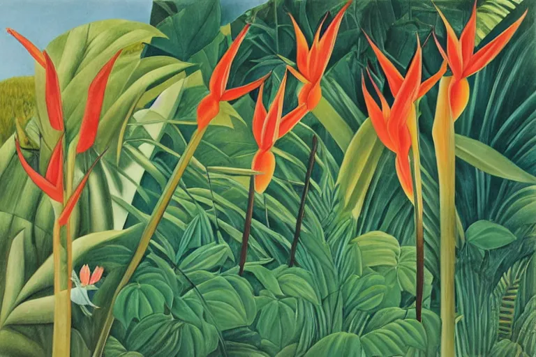 Image similar to heliconia in a graden, art by Henri Rousseau, studio Ghibli