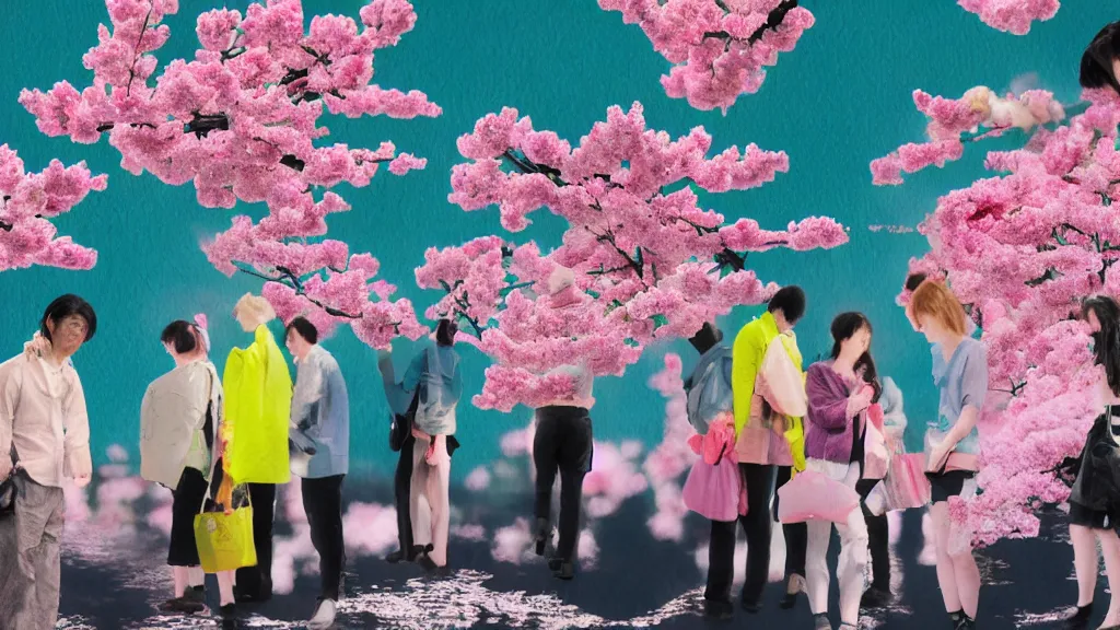 Image similar to a group of people flower viewing sakura, japan, a collage painting, in the style of wes anderson, lola dupre, david hockney, isolated on negative white space background dark monochrome neon fluorescent spraypaint accents volumetric octane render