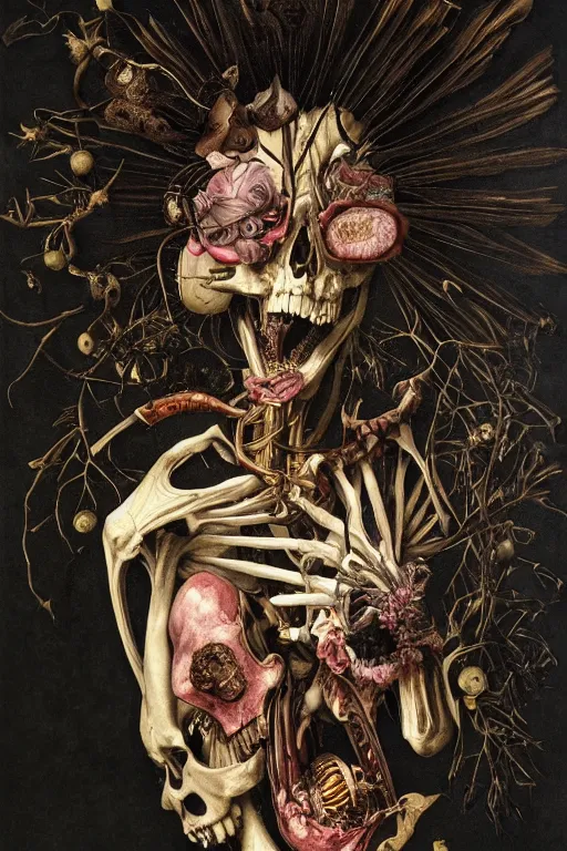 Image similar to Detailed maximalist portrait with large lips and large eyes, angry, exasperated expression, botanical skeleton, extra flesh, HD mixed media, 3D collage, highly detailed and intricate, surreal illustration in the style of Caravaggio, dark art, baroque