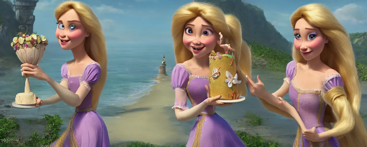 Prompt: rapunzel holding a cake and a mirror, dancing in front of her tower, at the beach. Magical setting. trending on artstation, 30mm, trending on ArtStation, deviantart, high detail, stylized portrait