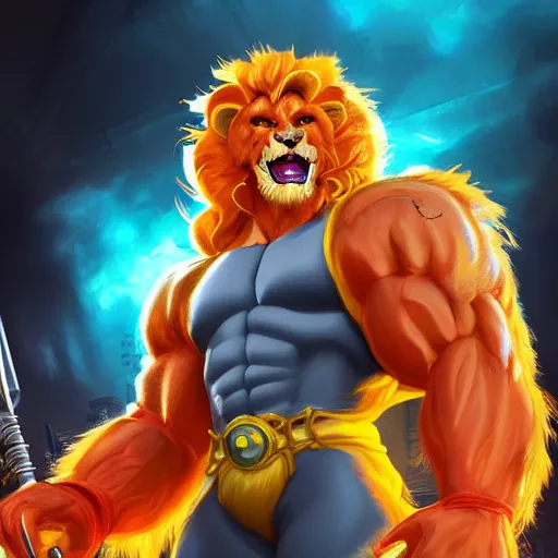 Image similar to highly detailed Liono from Thundercats, sword of omens, cyberpunk, concept art, character art, studio lightning, bright colors, intricate, masterpiece, photorealistic, hyperrealistic, sharp focus, high contrast, Artstation HQ, DeviantArt trending, 8k UHD, Unreal Engine 5