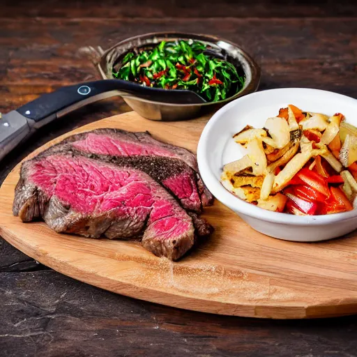 Prompt: advertising photography of a delicious large seasoned steak, topped with melted mozzarella cheese, and a side of seasoned vegetable medley, all served on a wooden table, spot, lighting, dark background