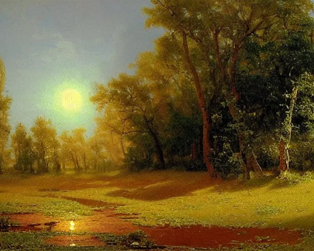 Image similar to landscape painting by Vsevolod Ivanov and Albert Bierstadt