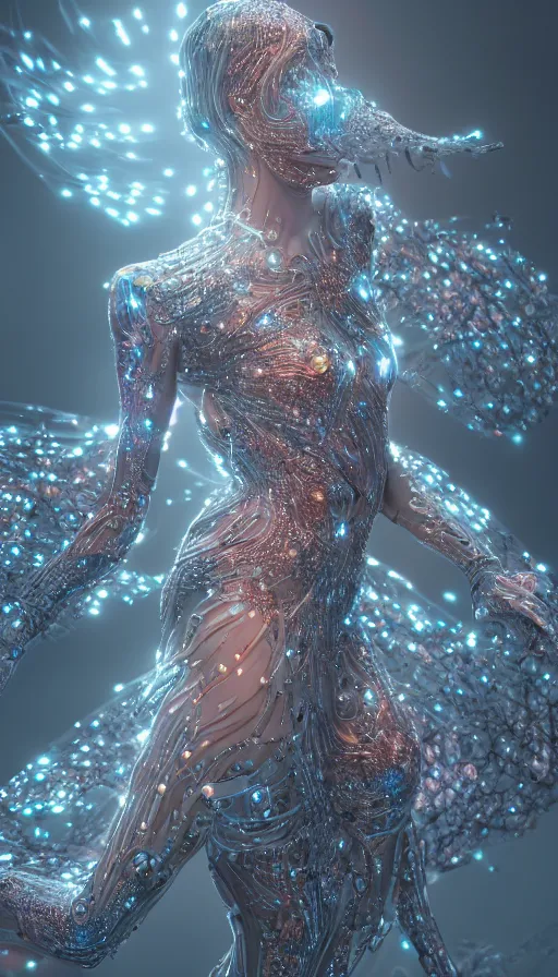 Prompt: full body detailed, ethereal, futuristic, covered in sparkling gems glowing, highly detailed face, elegant pose, intricate, extremy detailed, beeple, cgsociety, 3 d unreal engine octane render. cinematic lighting, highly detailed 4 k art