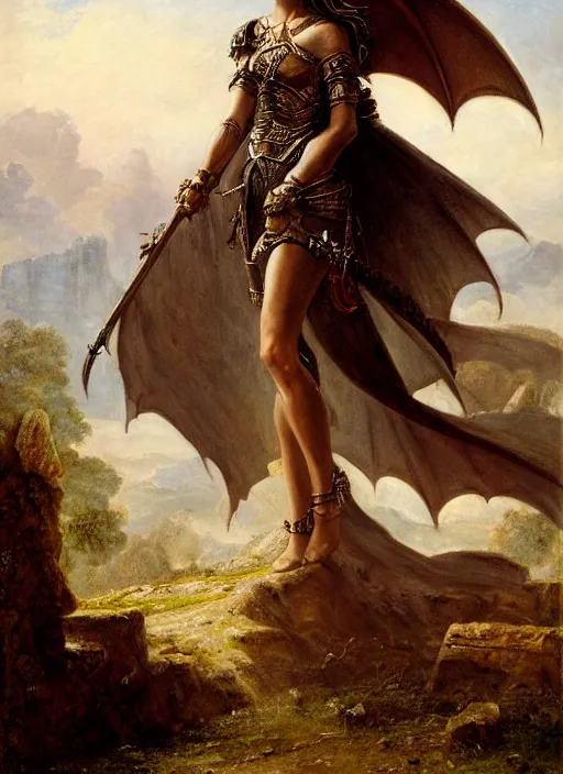 Image similar to woman in dark princess dragon armor, walking on the mystical ancient ruins. by william henry hunt