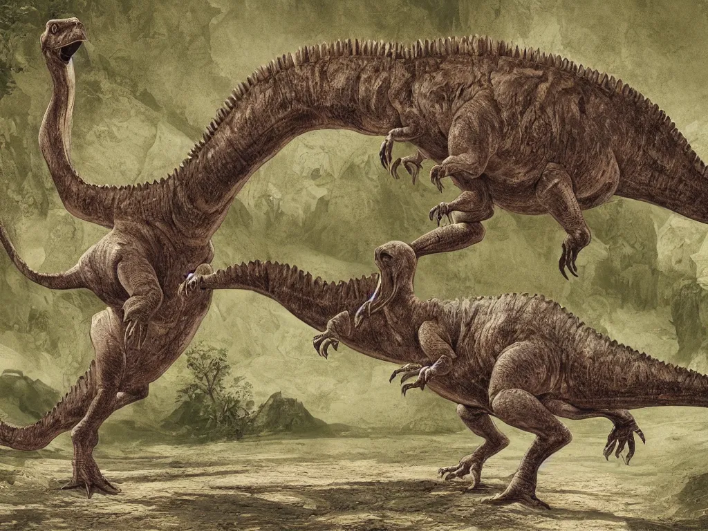 Prompt: a beautiful ancient dinosaur the size of a mountain, ancestor of the duck