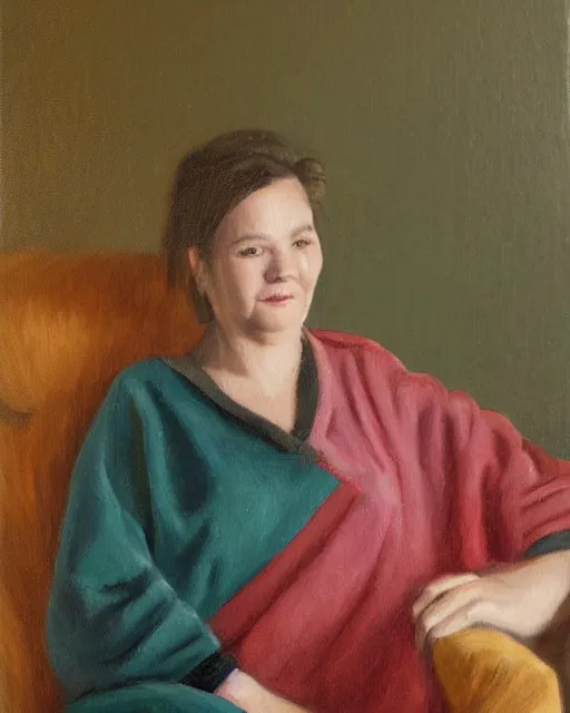 Image similar to an oil painting portrait of a woman wearing a snuggie, seated, soft lighting