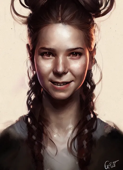 Image similar to Portrait of young female inventor, D&D fantasy, her hair is tied in a ponytail, smoke is in the air, she has a joyful expression and is covered in dirt. Intricate, highly detailed, digital painting, artstation, concept art, sharp focus, illustration, art by greg rutkowski and Ross Tran
