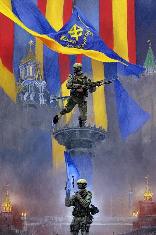 Image similar to special forces soldier installin ukrainian blue and yellow flag on red square kremlin, masculine figure, d & d, fantasy, bright atmosphere, volumetric lights, intricate, elegant, extremely detailed, digital painting, artstation, concept art, matte, smooth, sharp focus, hyper realistic, illustration, art by artgerm and greg rutkowski and alphonse mucha