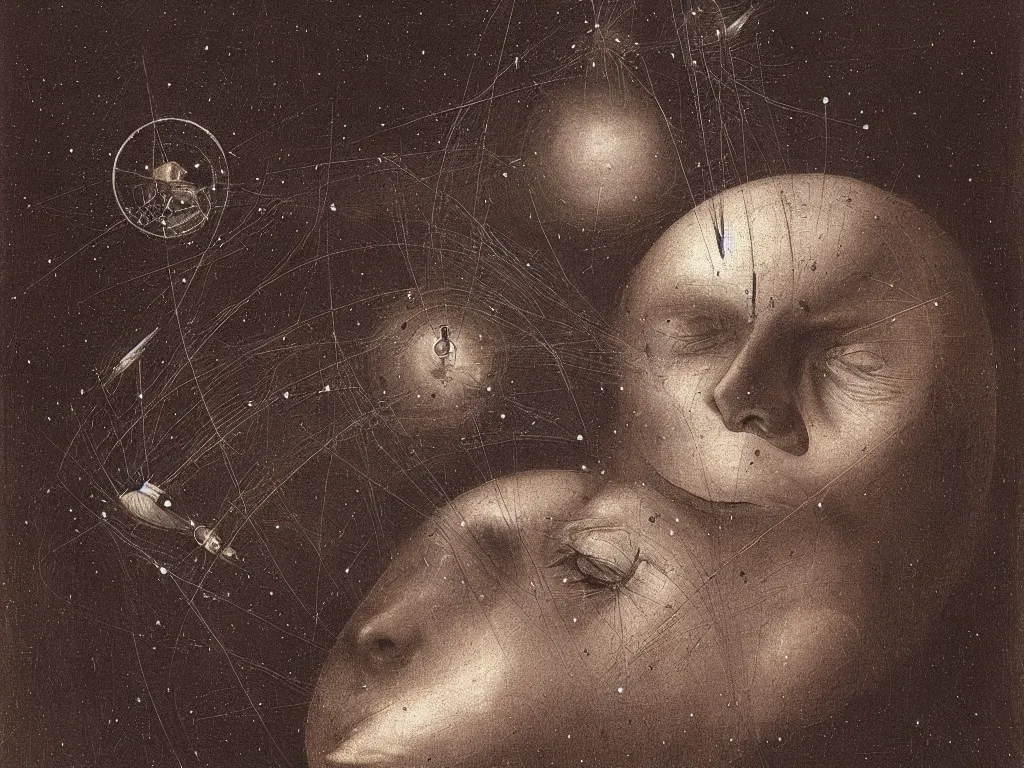 Prompt: dream bot mothership above the close up of the forehead of a sleeping man. painting by bosch, karl blossfeldt, beksinski