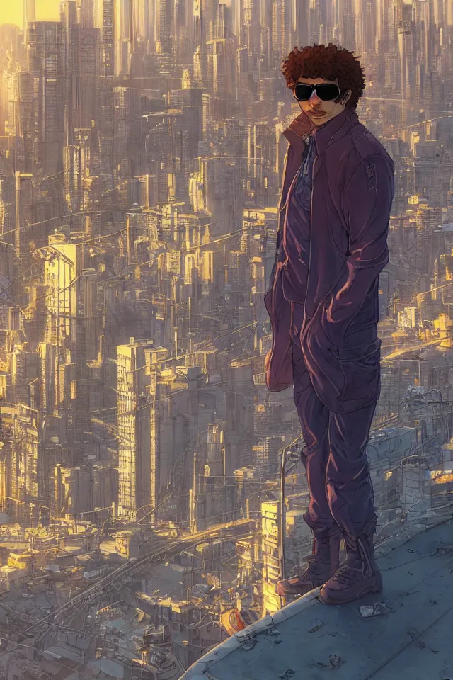 Image similar to a curly - haired persian guy wearing golden shades reflecting a cityscape against a cyberpunk city backdrop by makoto shinkai, masamune shirow and jean giraud