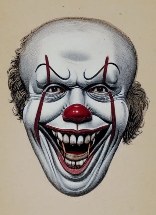 Prompt: vintage medical anatomical illustration of pennywise ( 1 9 9 0 ) head, highly detailed, labels, intricate writing