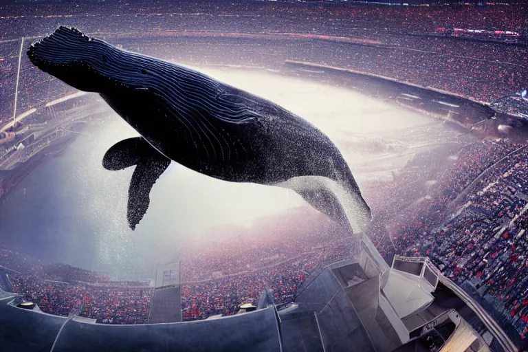 Image similar to a humpback whale flying over the NFL Super Bowl Stadium cinematic lighting by Jessica Rossier