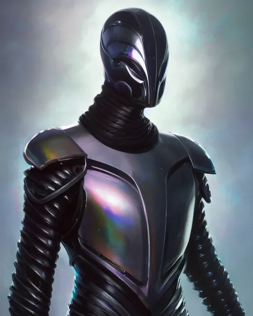 Prompt: iridescent sinewy smooth muscular male sleek glossy black pearlescent scifi armor with smooth black featureless helm, by greg rutkowski and mark brookes and jim burns and tom bagshaw and magali villeneuve, trending on artstation