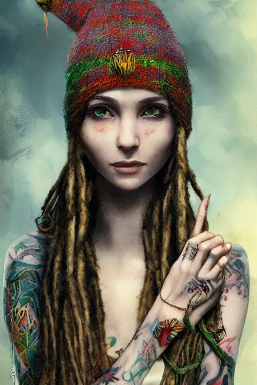 Prompt: A stunningly beautiful stoner hippy female Rastafarian Elf by WLOP, greg rutkowski and ross tran, glasses, flannel, knitted hat, tattoos and piercing,