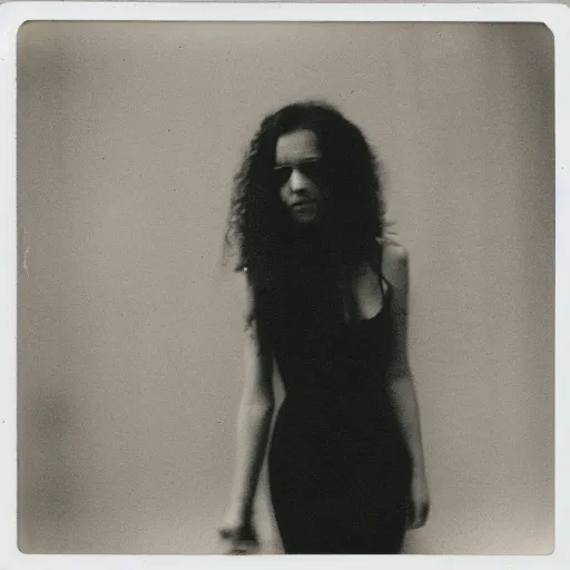 Image similar to polaroid picture, beautiful woman, curly hair, artistic, black and white, eerie, francesca woodman style