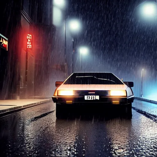 Image similar to hyperdetailed, photorealistic photograph of a dmc 1 2 delorean driving in the streets, rain, night, dense fog, hd, unreal engine 5