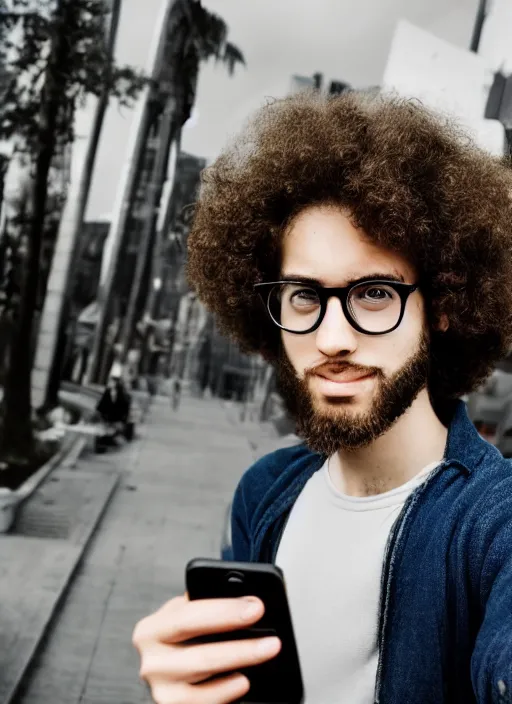 Prompt: a selfie of a young man with a jewfro and round glasses