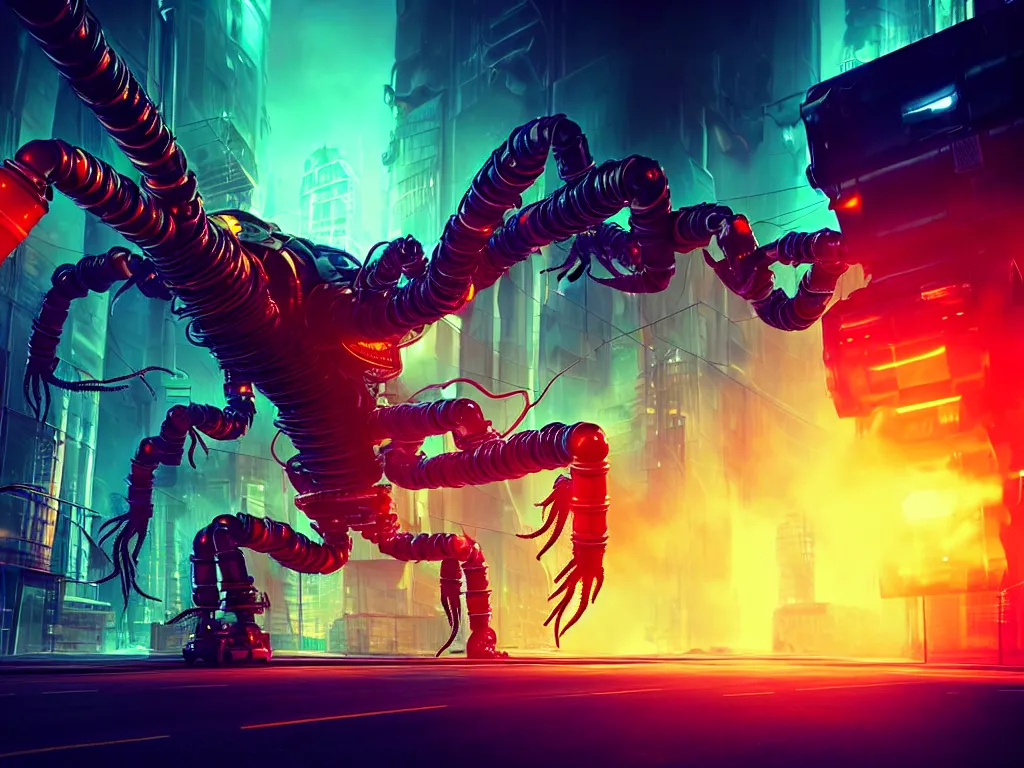 Image similar to A frightening gigantic evil robot scorpion in a futuristic city with pipes and tubes and wires, hyperealistic very colourful hdr cinematic lighting cgi render photorealistic cinematic octane render