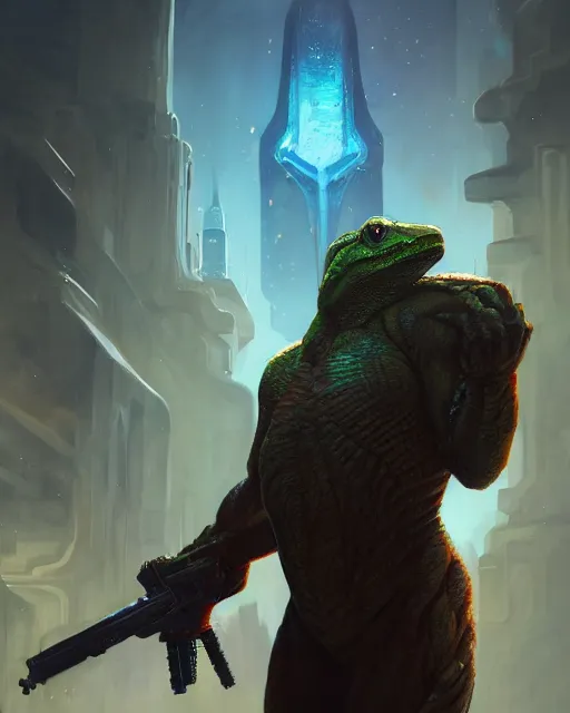 Prompt: oil painting of Krogan Lizardman, sharp focus, holding sci-fi rifle, magical aura, heroic pose, fantasy style, octane render, volumetric lighting, 8k high definition, by greg rutkowski, highly detailed, trending on art Station, magic the gathering artwork, Spaceship hallway background, centered, horror, sci-fi artwork, demonic