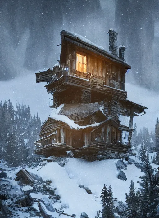 Image similar to an abandoned cabin on the top of a snowy mountain, new moon, greg rutkowski, 8 k, shallow depth of field, intricate detail, concept art,