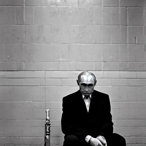 Prompt: a very sad and old wrinkled vladimir putin ( ( in prison clothes sitting on prison bench in prison ) ). detailed professional 3 5 mm black and white photo by don mccullin and anders petersen world press photo award