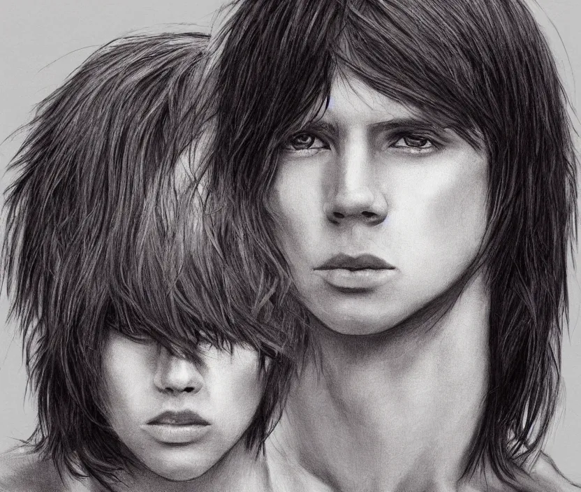 Image similar to headshot and upper bodyshot of a handsome yet boyish androgynous man with short to medium length stringly dark hair and long bangs covering one of his eyes, very nostalgic, very melancholic, dramatic angle, rotoscoped, rotoscope, photoshop, photomanipulation, realism, painting, illustration and sketch, weird scribbles, hybrid styles, hybrid art styles, mismatched, trending on artstation, trending on deviantart, weird, quirky, interesting, very detailed, highly detailed, HD Quality, 4k resolution, 8k resolution, in the style of David Firth, in the style of James Lee, in the style of Drue Langlois,