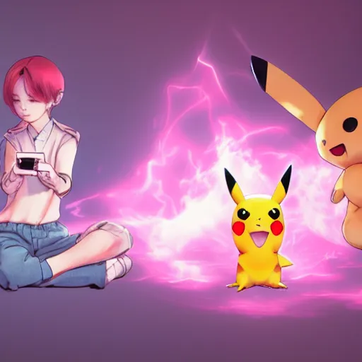 Prompt: jimin playing with pokemon cards, in the style of james jean, artstation trending, 8 k, 3 d render, photorealistic, volumetric lighting caustics, pink